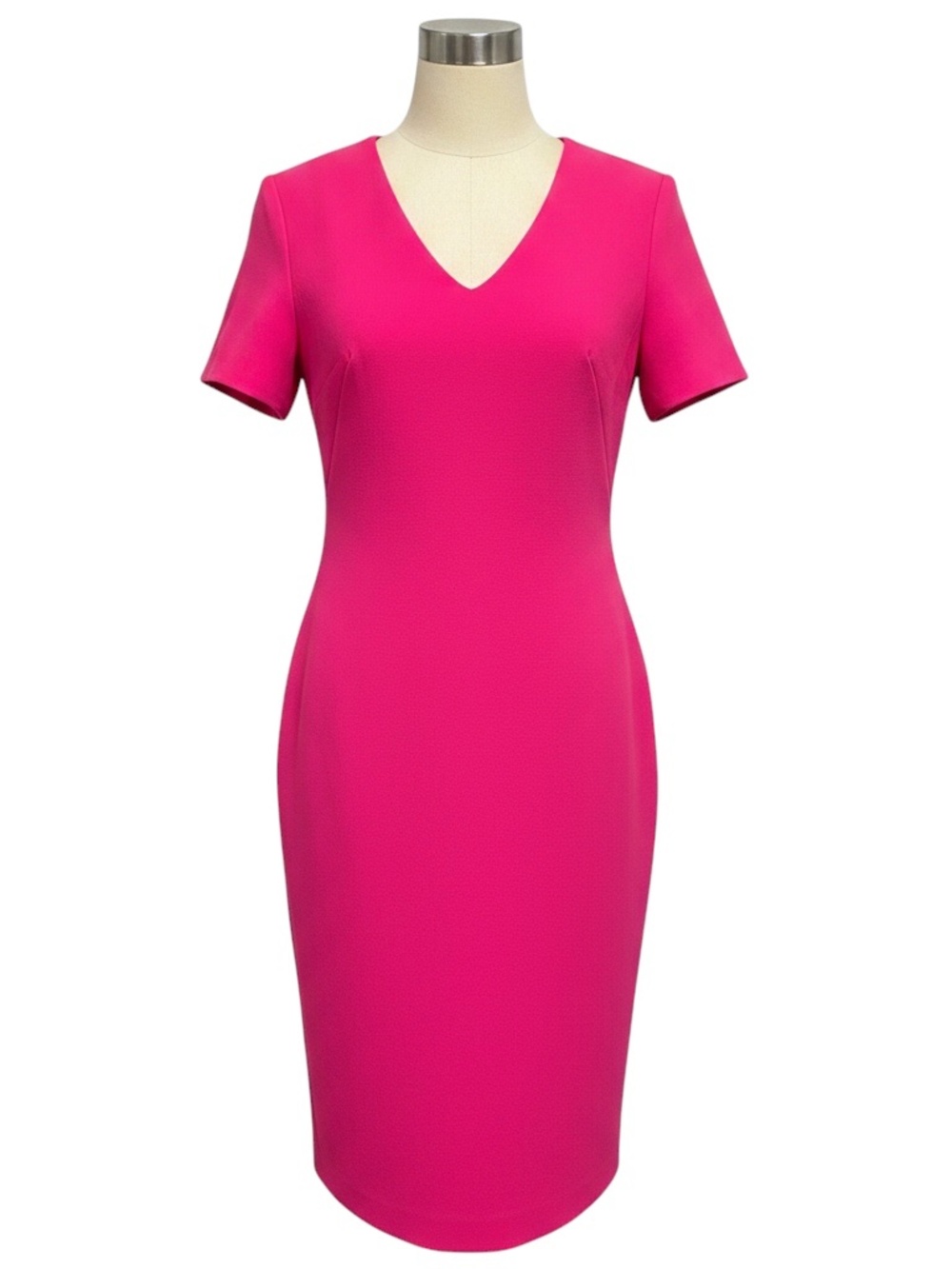 BRANDON MAXWELL HOT PINK SHORT SLEEVED WOOL CREPE MIDI DRESS